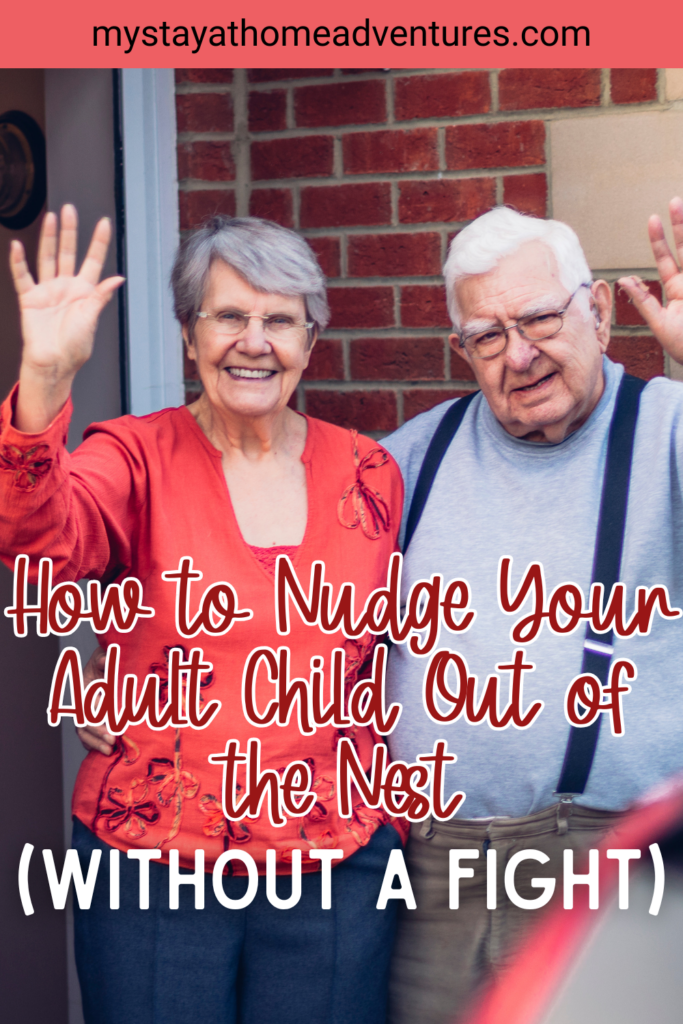 An older couple smiles and waves from a doorstep, appearing cheerful and supportive as they stand side by side.