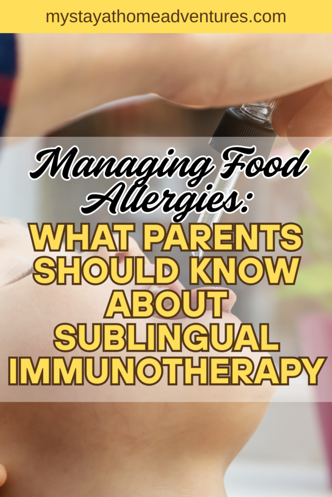 A close-up of a young child receiving sublingual immunotherapy drops under the tongue with a dropper.