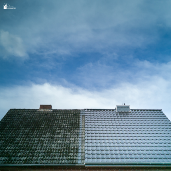 A house roof showing a side-by-side comparison of moss-covered tiles and clean, maintained tiles under a cloudy sky.