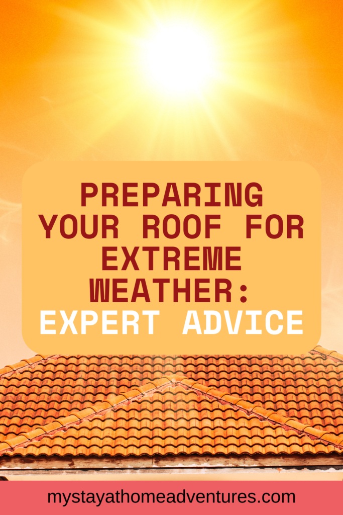 A bright sun shines above a red tile roof, representing heat and extreme weather conditions affecting roofing materials.