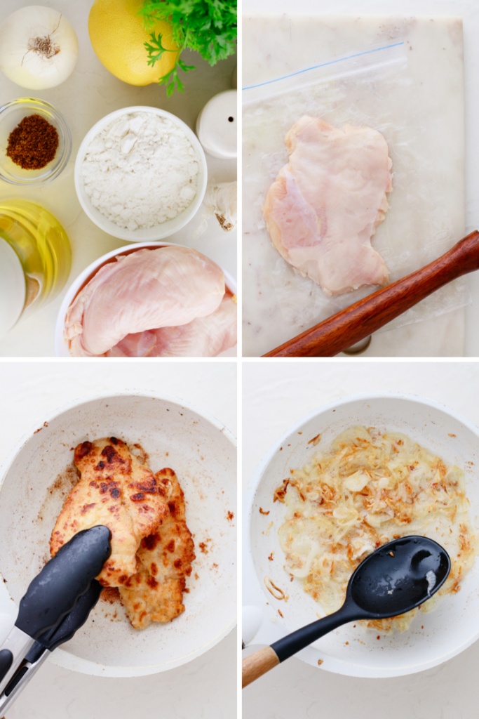 Overhead collage showing the process of making Cuban lemon chicken, including ingredients, prepping chicken, pan-frying, and sautéing onions.