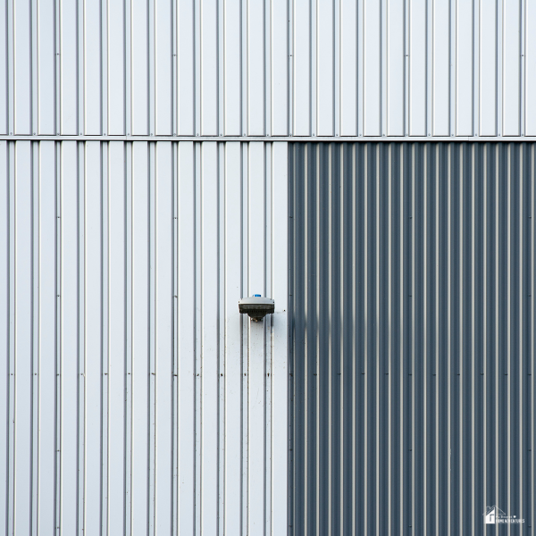 A close-up view of a corrugated metal wall featuring a mounted exterior light on an industrial building.