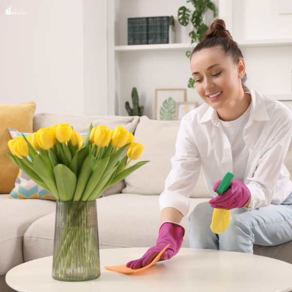 Woman wearing gloves cleans a coffee table in a bright living room as part of spring cleaning tasks.