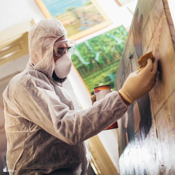 A person wearing protective gear carefully cleaning or restoring a painting in a room to preserve its condition.