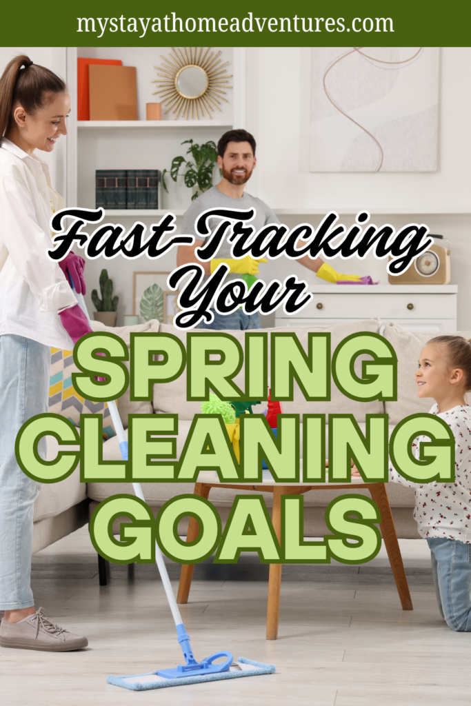 Family members team up for spring cleaning in the living room with gloves, spray bottles, and cheerful teamwork.