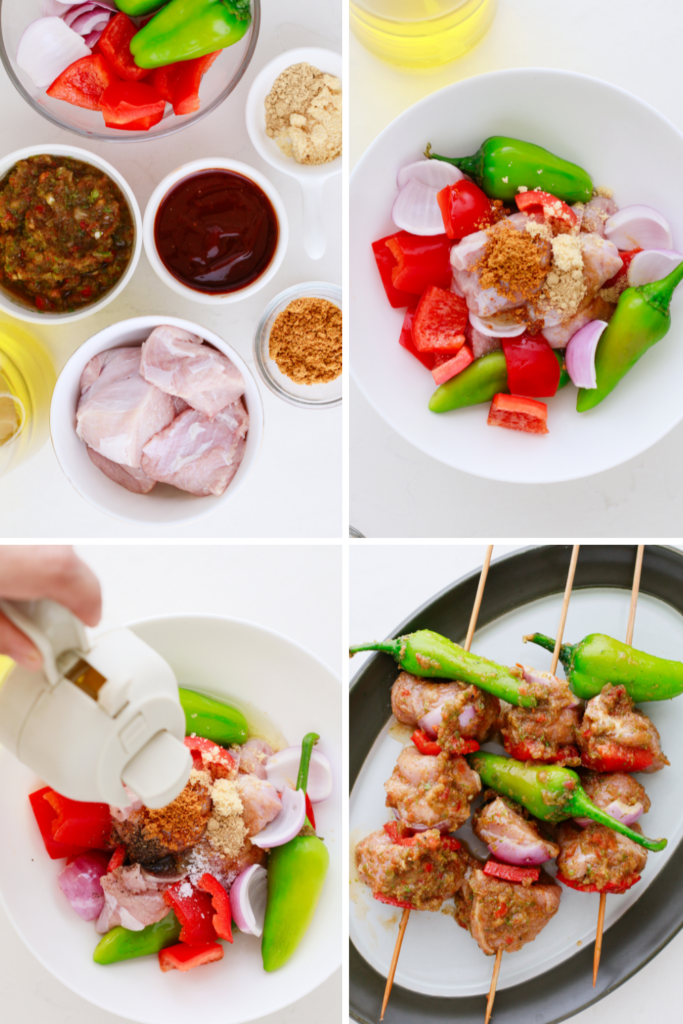 Step-by-step preparation of Puerto Rican Pinchos de Carne including raw ingredients, marinade, and assembled skewers.