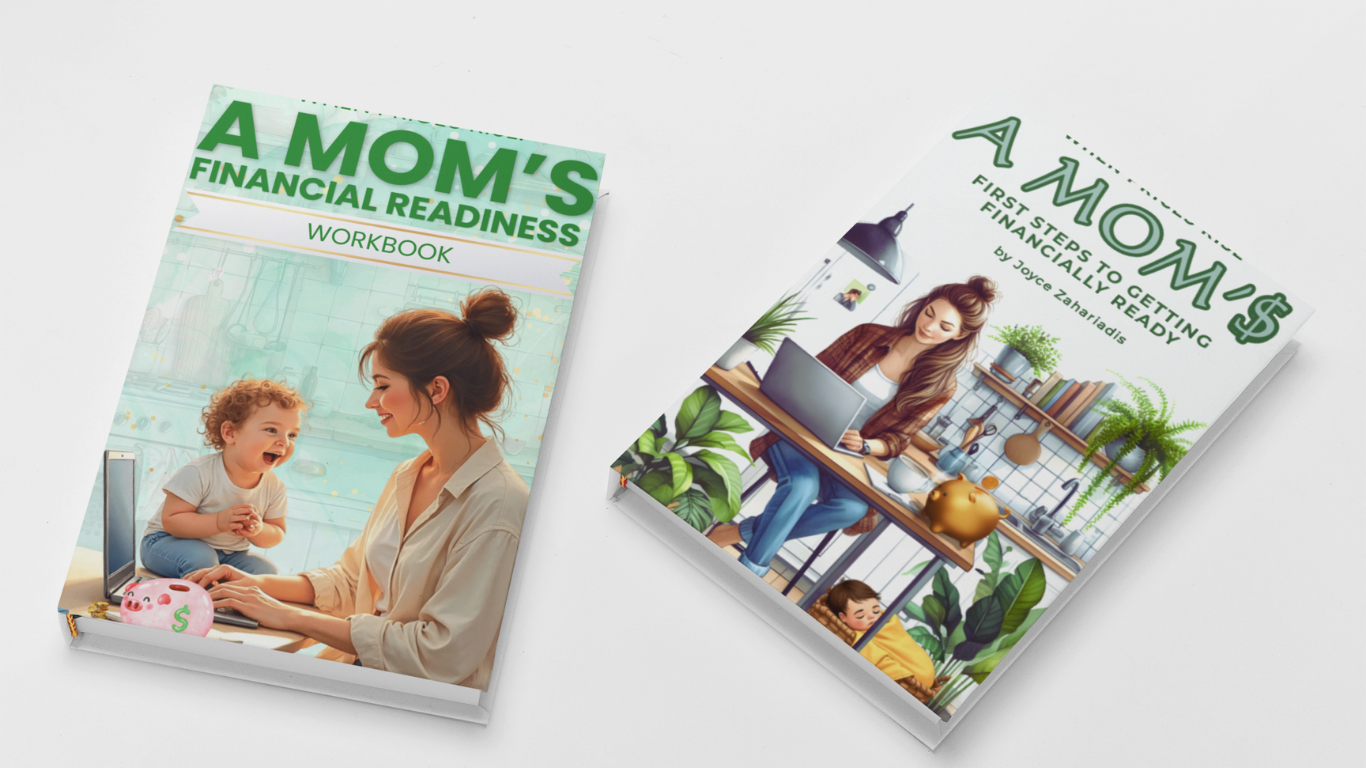 Alt text: Two books titled *A Mom’s Financial Readiness*—one a workbook showing a smiling mom and toddler using a laptop, and the other an ebook featuring a mom budgeting at a desk with a piggy bank and plants—designed to help moms manage finances with calm and confidence.