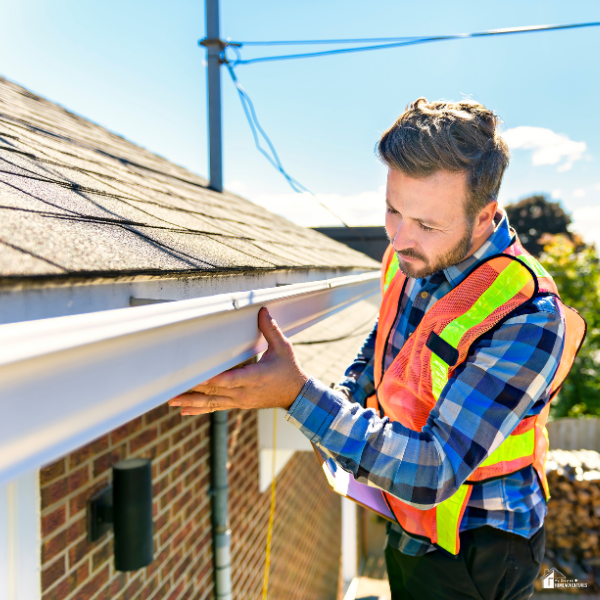 A man wearing a safety vest checks and adjusts the gutters on a house roof during routine home maintenance.