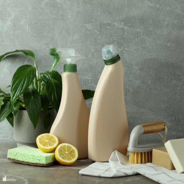 Eco-friendly cleaning products including lemons, natural sponges, and biodegradable bottles on a kitchen counter.