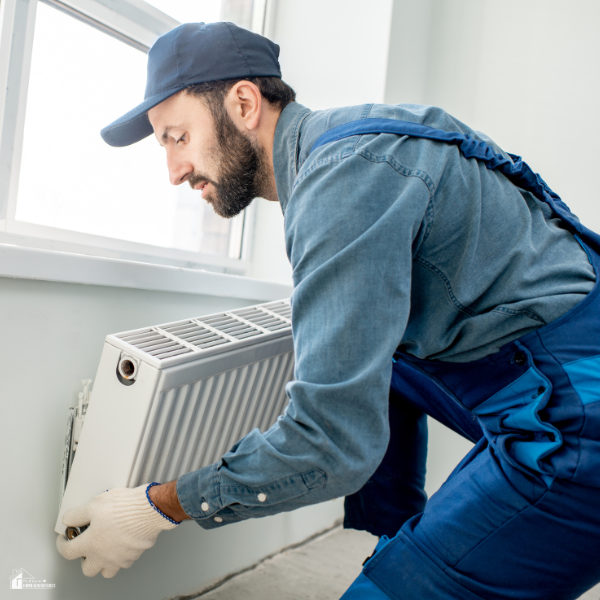 A repairman in blue overalls installing a radiator beneath a window.