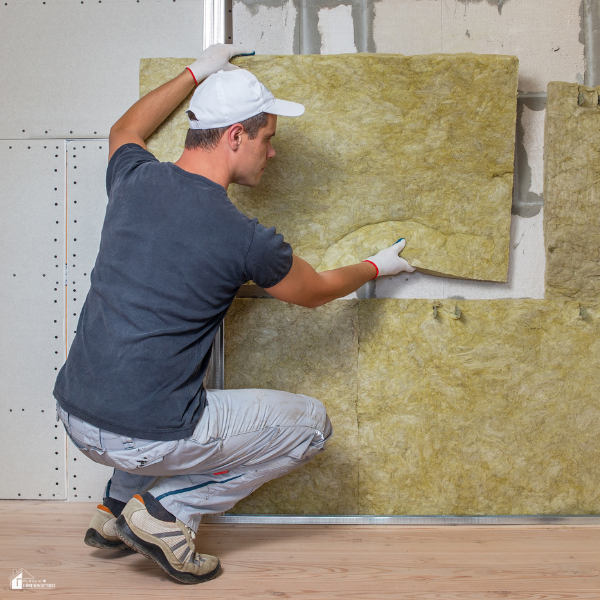 Worker installing yellow insulation panels inside a metal-framed wall.