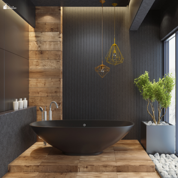 Contemporary bathroom featuring a freestanding black bathtub, wood paneling, and greenery for a relaxing spa atmosphere.