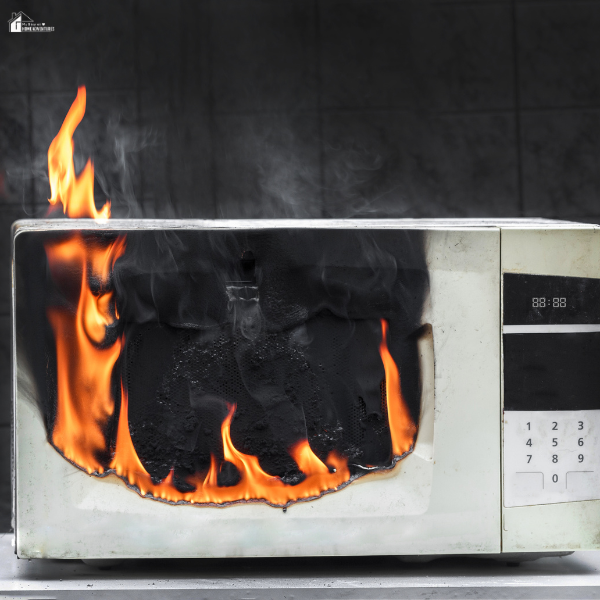 A damaged microwave with flames and smoke coming out, showing when replacement is necessary.