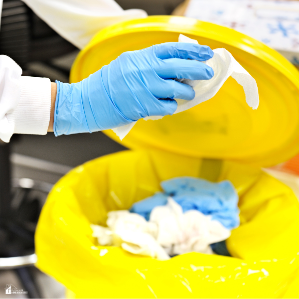 Person wearing blue gloves disposing of cleaning waste into a yellow trash bin.
