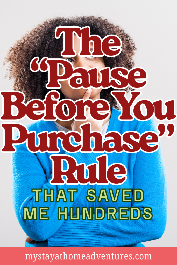 A woman standing with her hand on her chin, appearing thoughtful and considering a purchase decision.