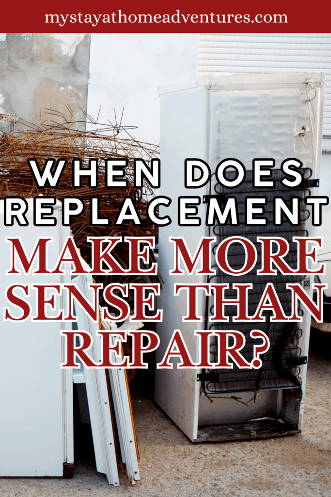 Old refrigerators and appliances stacked outside, representing the point when replacement makes more sense than repair.