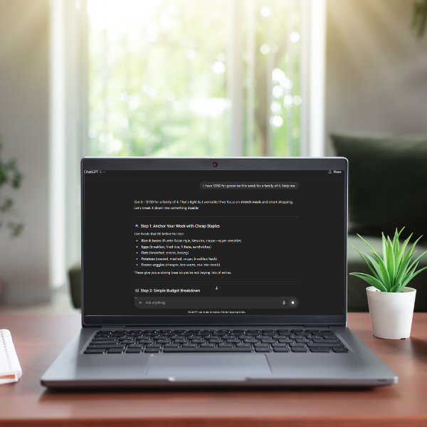 Open laptop on a desk showing the free Budget Reset Chat in ChatGPT, giving step-by-step grocery budget tips and affordable meal ideas for a family of four.