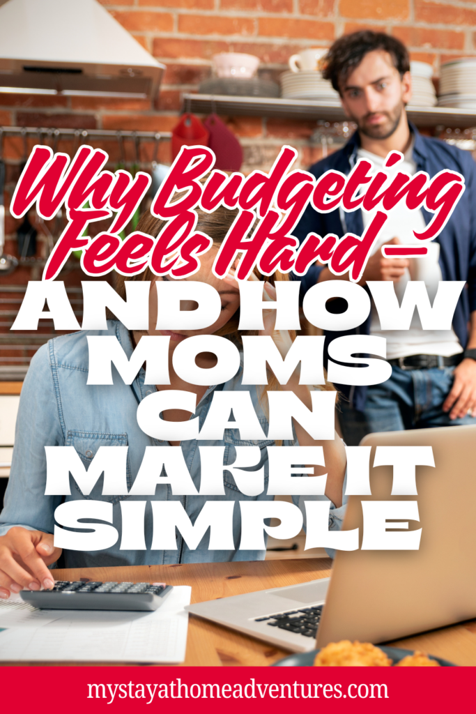 A woman uses a calculator at a kitchen table with a man standing behind her, showing financial documents and a laptop.