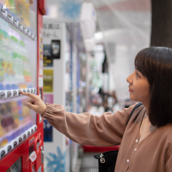 A woman standing in front of a vending machine selecting a drink.