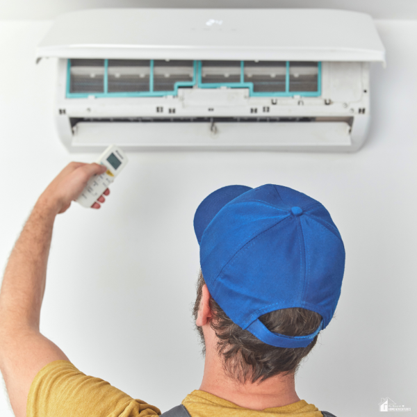 A technician in a blue cap inspects a wall-mounted air conditioning unit with a remote control in hand.