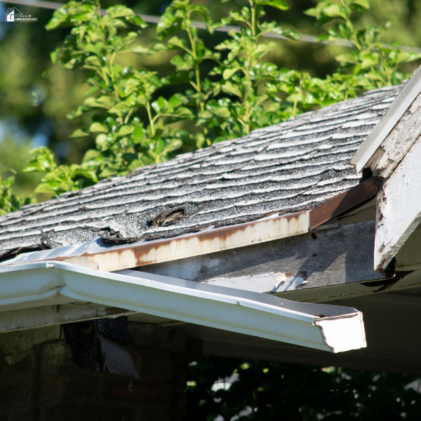 A close-up view of a damaged house roof and sagging gutter, showing signs of weather-related wear and neglect.