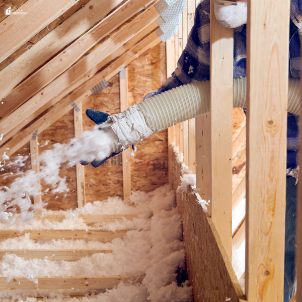 Worker installing blown-in insulation inside an attic to improve energy efficiency.