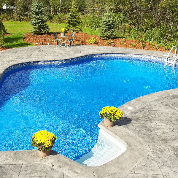 A lagoon-style swimming pool with curved edges surrounded by landscaping and potted flowers.