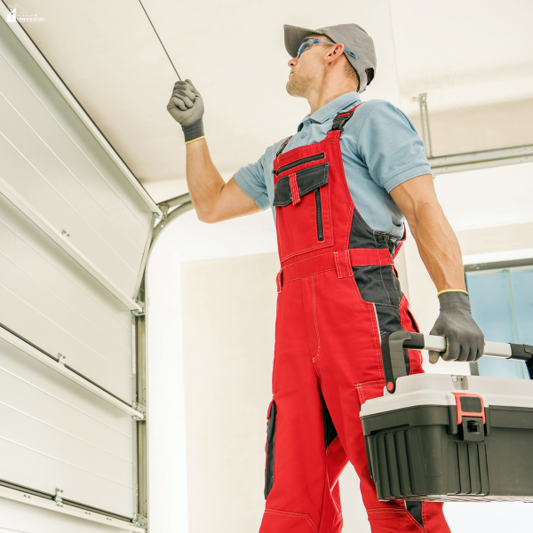 A garage door technician in red overalls adjusts the overhead mechanism while holding a toolbox for repair work.