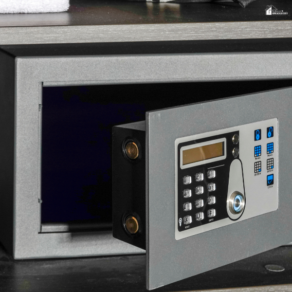 A secure home safe with a digital keypad left open, showing a reliable way to protect valuables in emergencies.