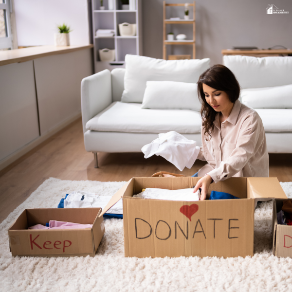A woman sorts clothes into labeled boxes for donation and keeping, sitting on the floor of a bright, tidy living room.