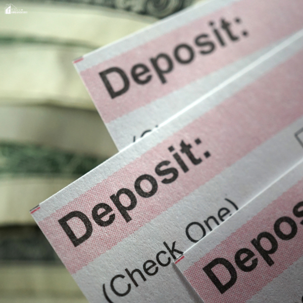Close-up of deposit slips stacked on top of U.S. dollar bills.
