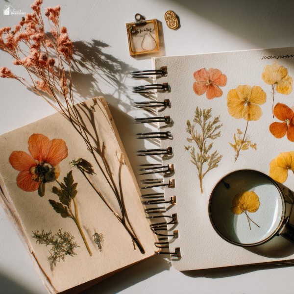 A flat lay of dried flowers, pressed flower art in notebooks, and decorative elements arranged on a table.