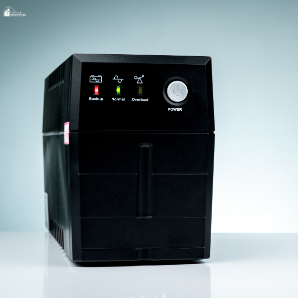 A black backup power supply unit with indicator lights, ensuring homeowners are prepared during outages.