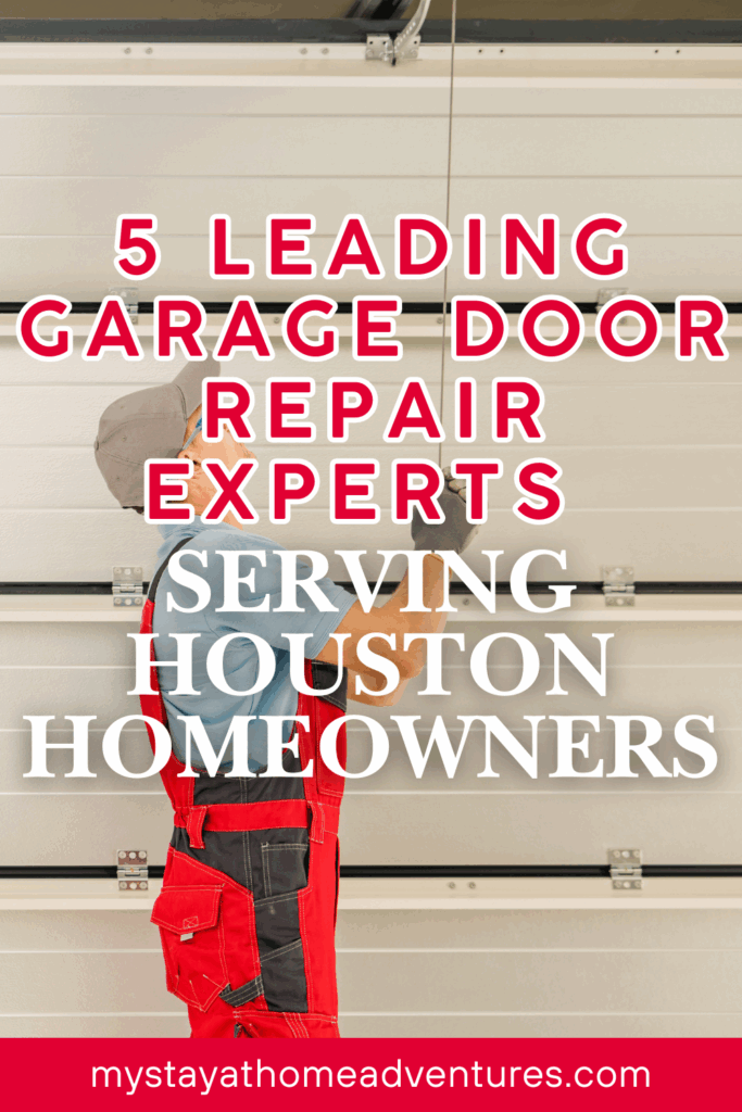 A garage repair professional works on an overhead door mechanism with tools, highlighting home maintenance and safety services.