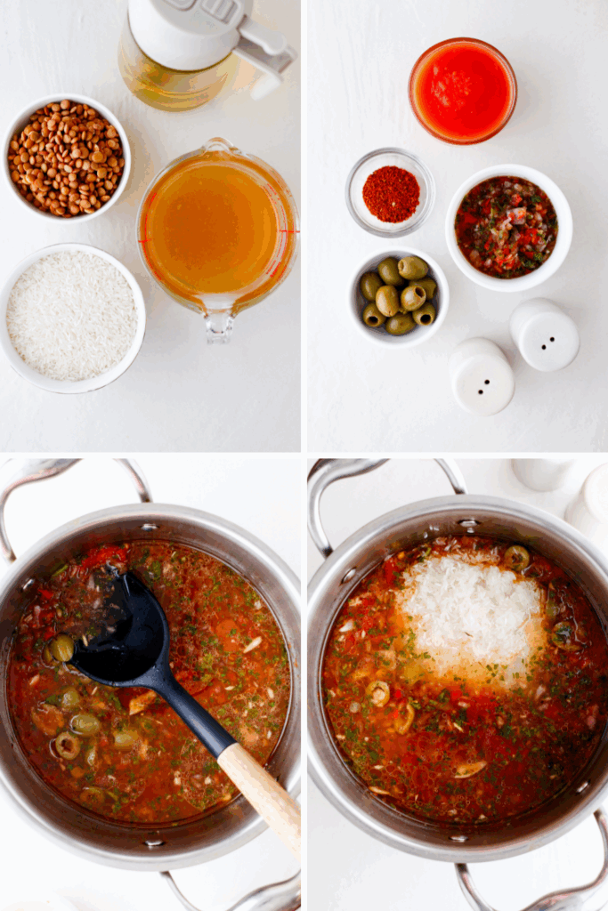 Step-by-step process of making arroz con gandules, including ingredients like rice, pigeon peas, sofrito, and cooking stages in a pot.