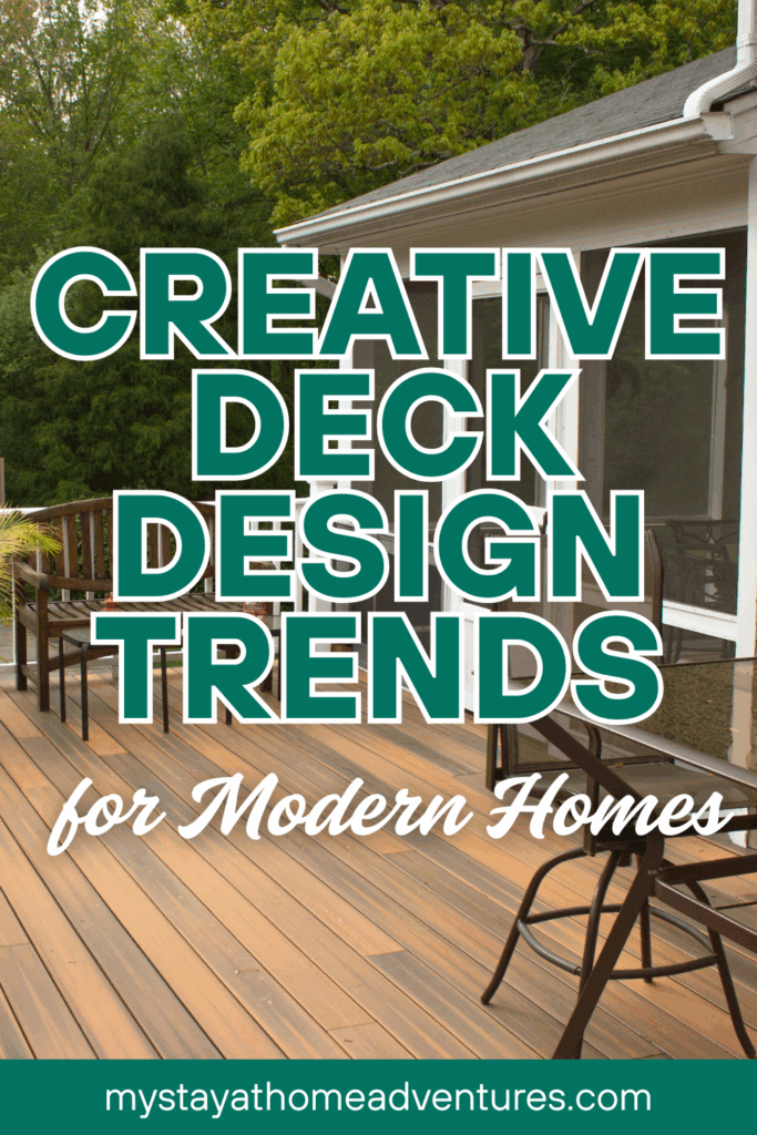 A stylish backyard deck with outdoor dining furniture, blending natural wood flooring with a modern home exterior.