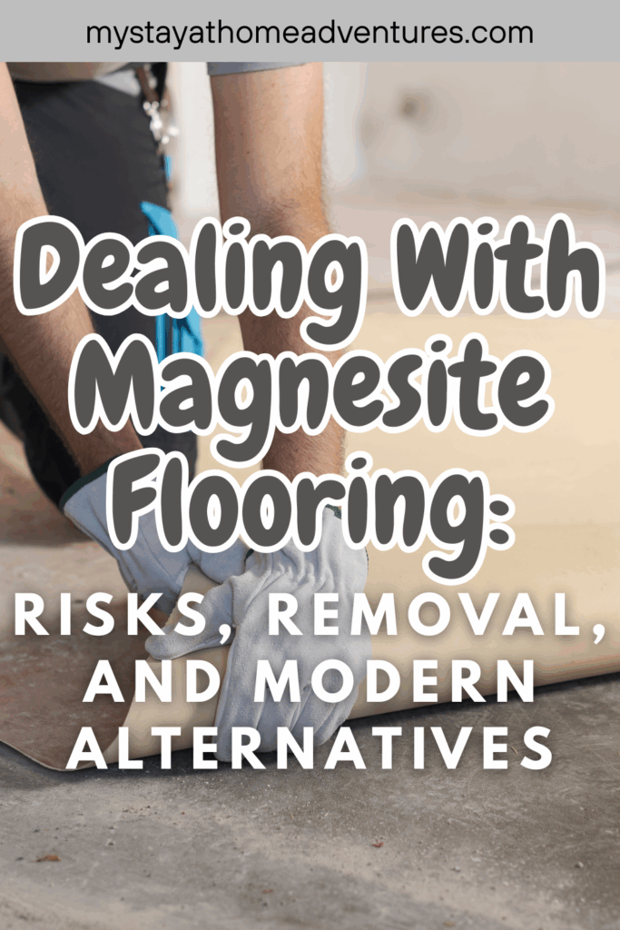 A person wearing gloves rolls back old flooring material to remove the magnesite flooring underneath, to prepare for replacement during home renovation.