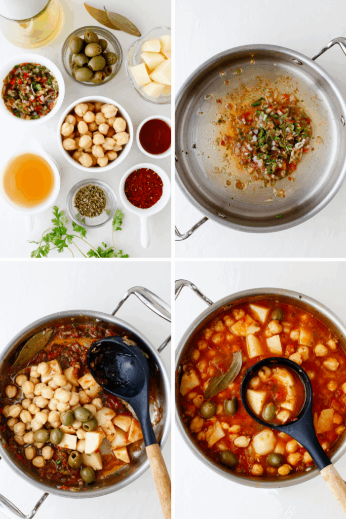 Step-by-step process of making garbanzos guisados, including fresh ingredients, sautéing sofrito, and simmering chickpeas in a pot.