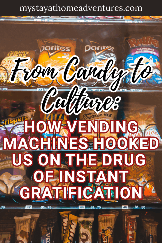 A vending machine display filled with chips, candy, and snacks in bright packaging.