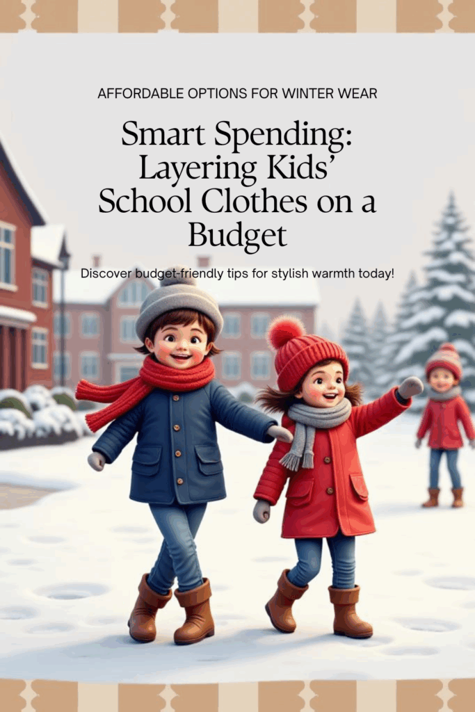 Two smiling children dressed in winter school clothes, wearing coats, scarves, and boots while walking together in the snow. The text overlay promotes smart spending and layering tips for kids’ school wardrobes on a budget.