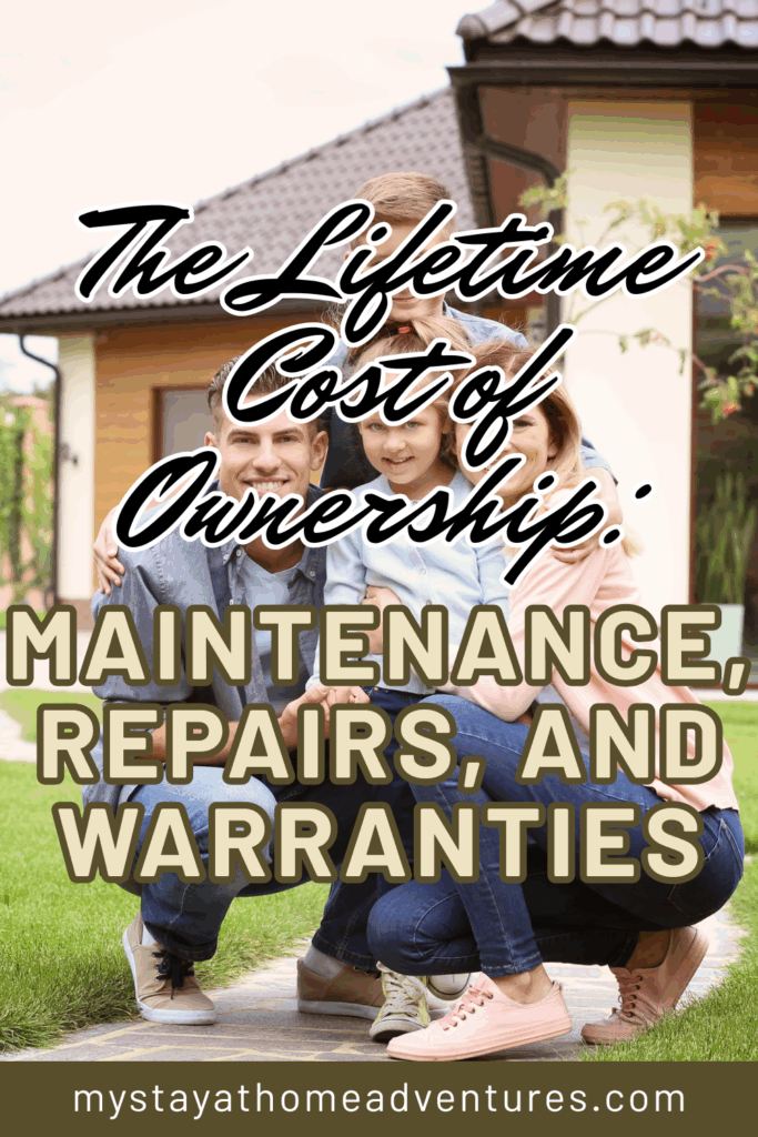 A smiling family sitting outside their home, symbolizing the long-term costs of ownership including repairs and warranties.