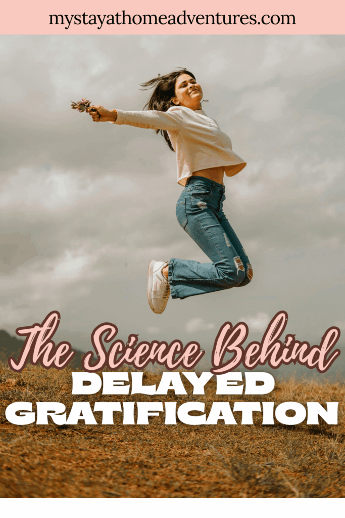 A joyful young woman jumps in the air outdoors, expressing the happiness that comes from practicing delayed gratification.