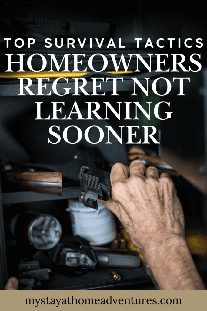 A person reaching into a safe with firearms and supplies, highlighting home preparedness tactics.