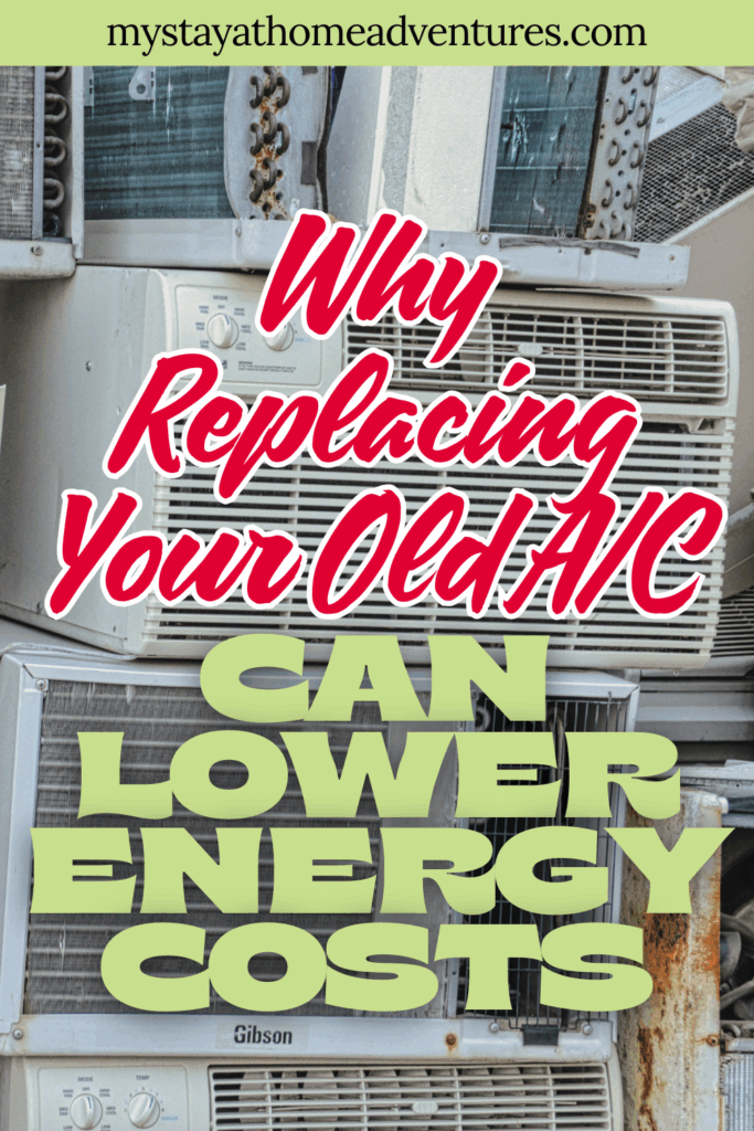 Stacked old and worn-out air conditioner units used as a background for a text-based graphic promoting energy-saving upgrades.
