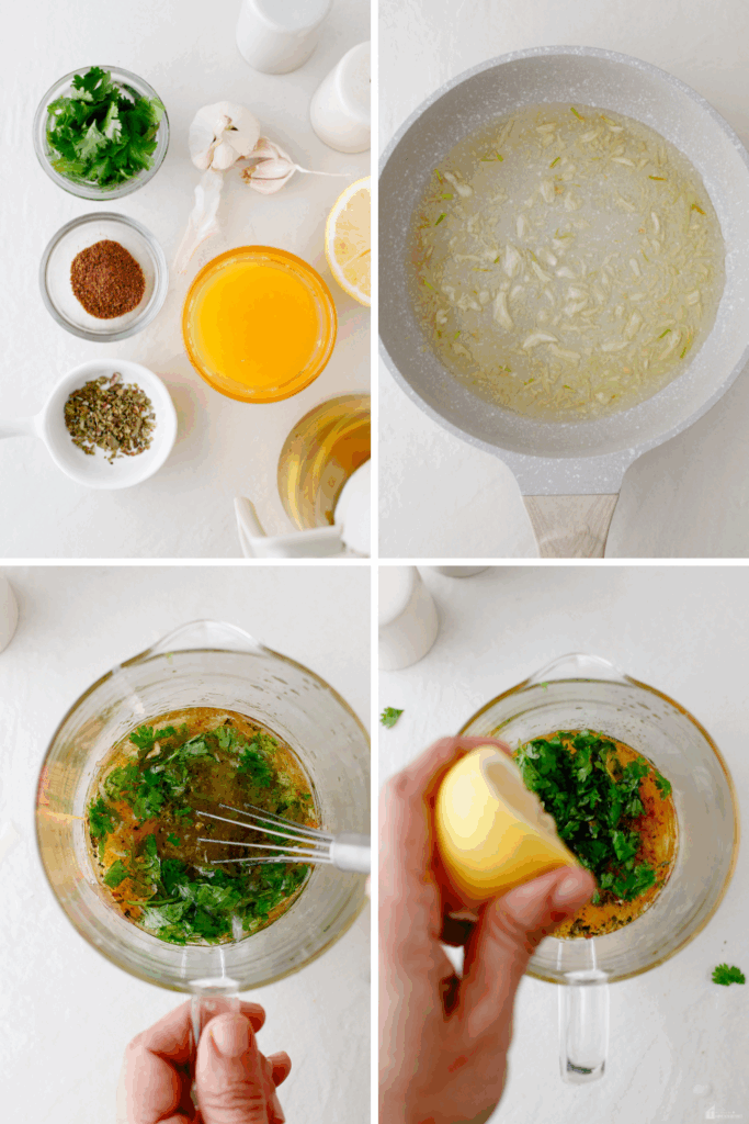 Step-by-step preparation of Puerto Rican mojo sauce with fresh ingredients, garlic cooking in oil, and herbs being added.