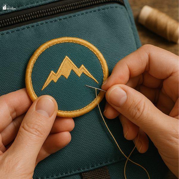 Close-up of hands sewing a yellow mountain patch onto a dark green backpack using a needle and thread.
