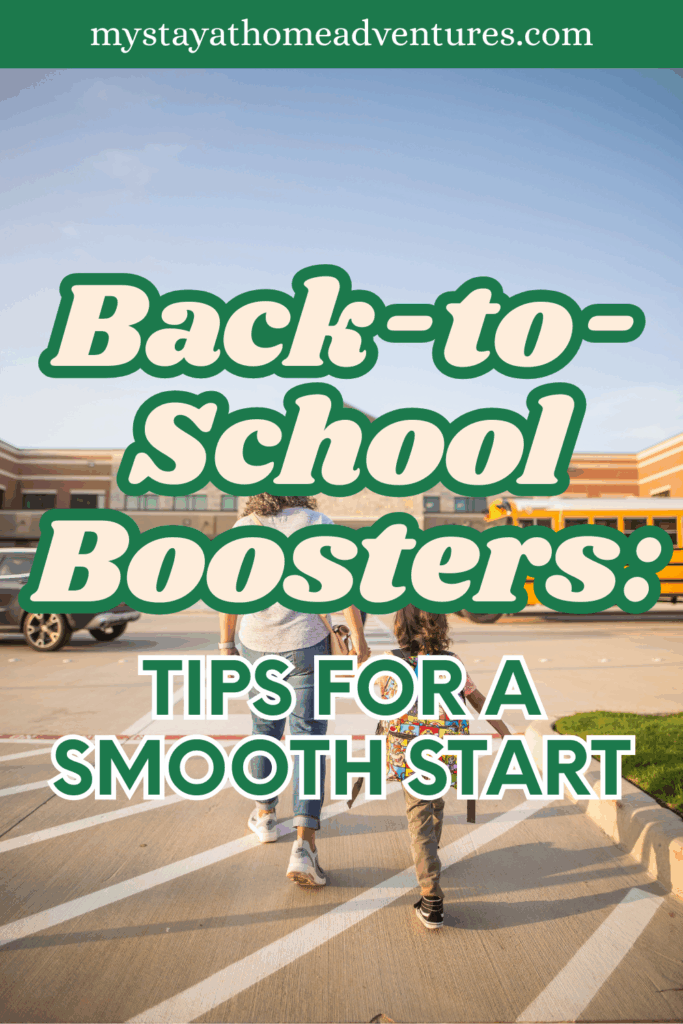 A parent and young child with a colorful backpack walk hand-in-hand toward a school building in the morning light.