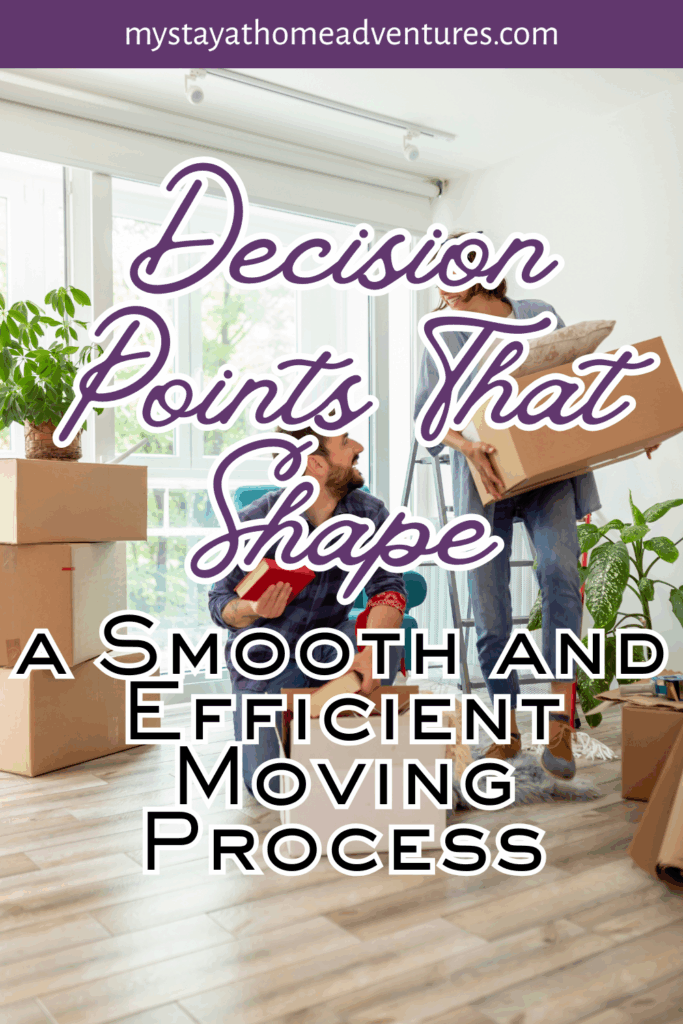 A couple prepares to move, surrounded by boxes and houseplants in a sunlit living room.