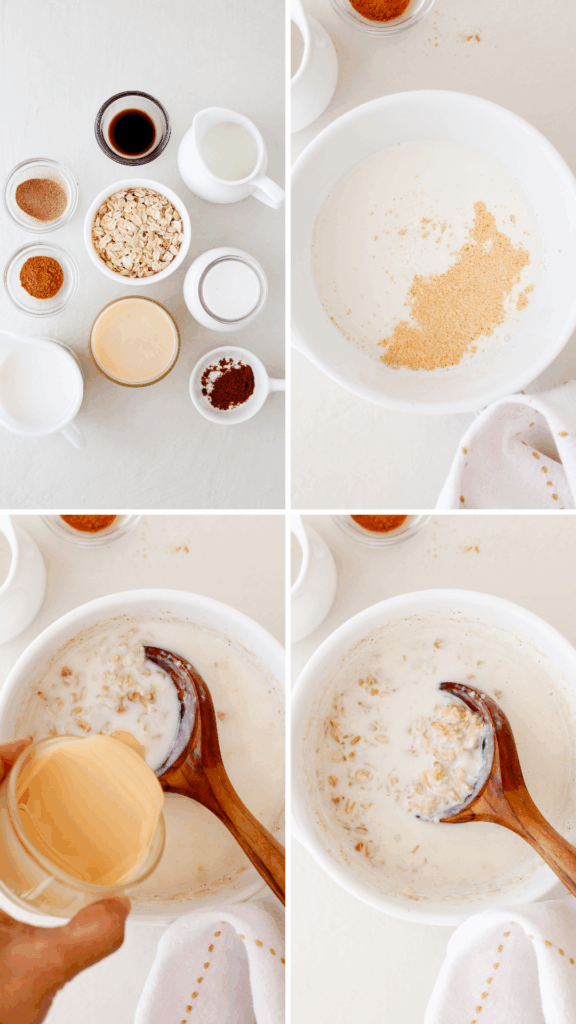 A collage of step-by-step images showing ingredients and preparation of coquito oatmeal, including milk, oats, condensed milk, and spices.