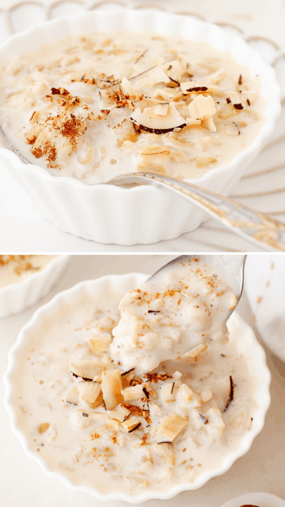 Two images of coquito oatmeal in white bowls, one showing the bowl garnished with coconut and the other with a spoon lifting a creamy bite.